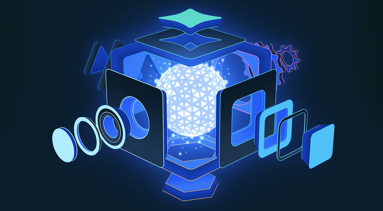 An image of a glowing cube, with different-colored shapes on the cube’s faces representing the six critical elements a company needs to build a distinct institutional capability, or superpower. The image shows that the cube’s six sides have popped out to reveal a glowing sphere in the center, representing a company’s superpower. End of image description.