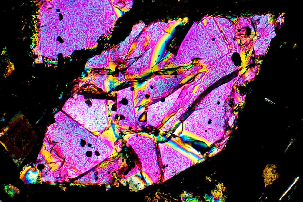A microscopic view of a sample of olivine collected in February 2022, when scientists returned to the field after the La Palma eruption.