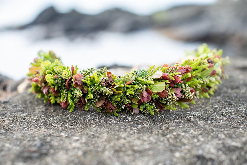 Flower lei on a rock