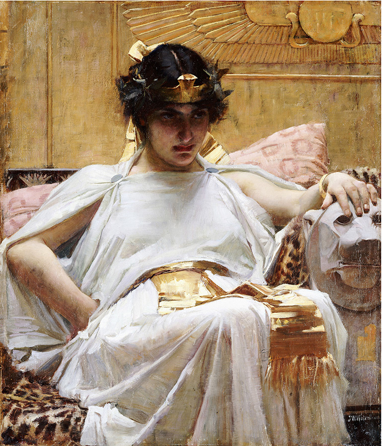 A painting of Cleopatra dressed in white with a heavy shadow on her face her gaze looks off into the distance.