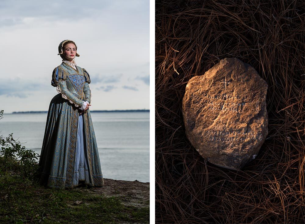 At left, an actress plays Eleanor Dare in a historical drama. At right, a stone with inscriptions.