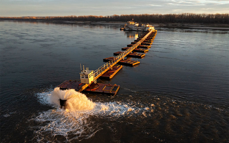 The Dredge Potter helps keep the Mississippi River navigable by removing river sediment with an 800-foot vacuum system. Seen here on December 15, 2023 in Missouri, the state was experiencing a drought. Dry conditions can dramatically lower water levels and endanger the river's lucrative shipping. 