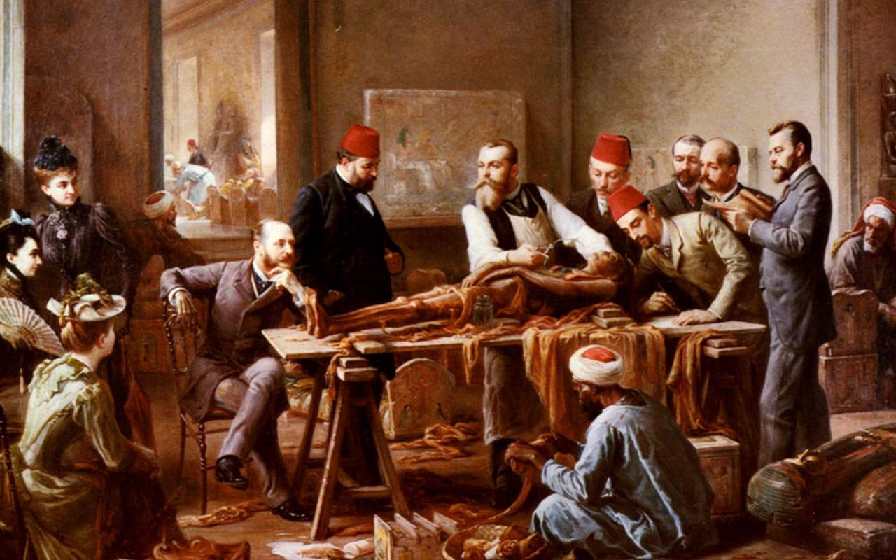 A painting showing a group of people gathered around a mummy being unwrapped on a table.