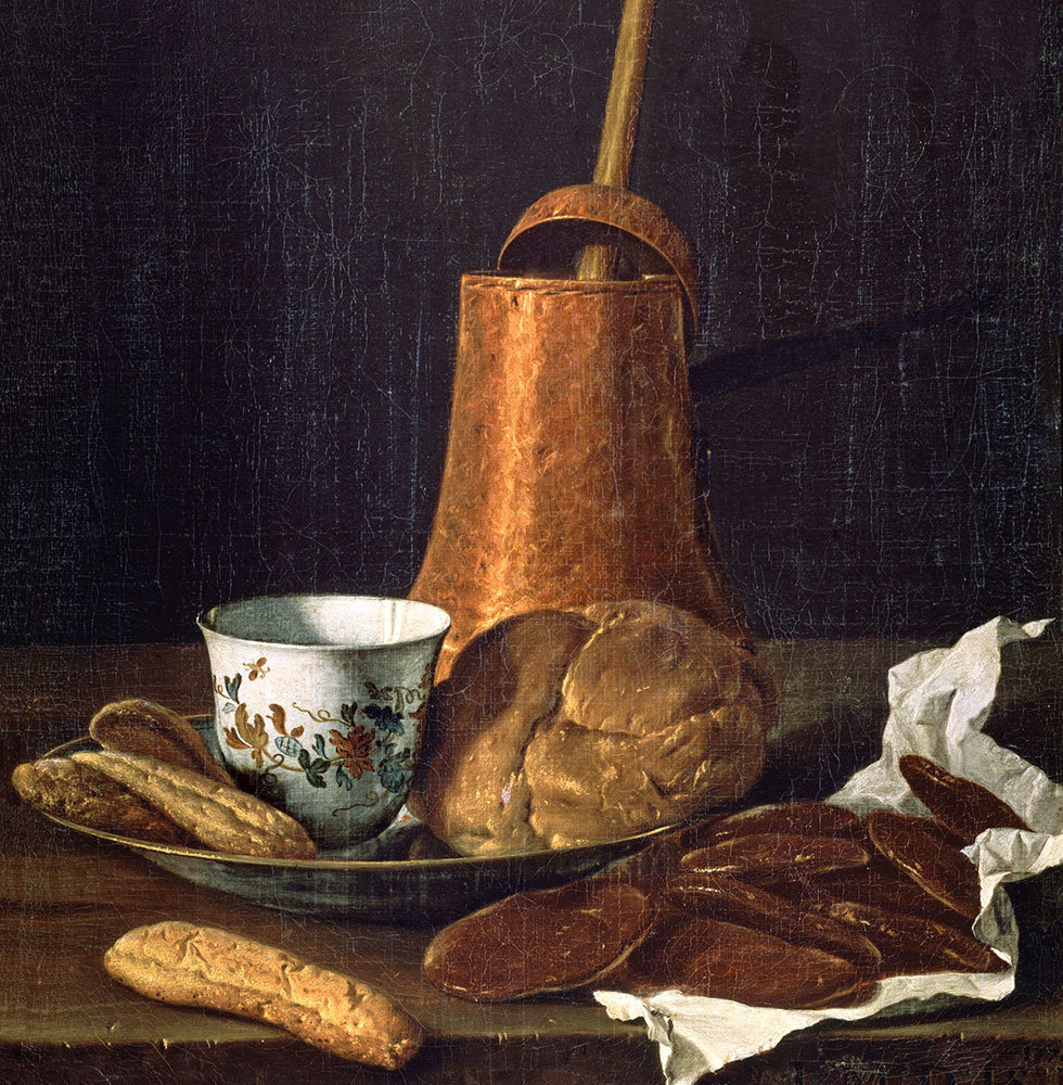 A painting of cookies and a copper pot