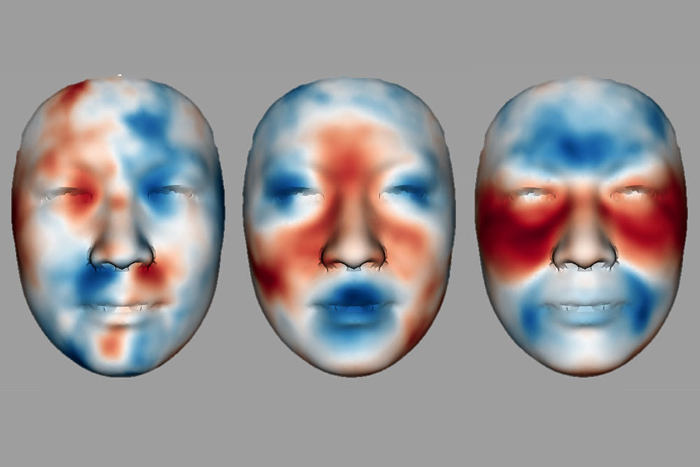 A picture of three facial scans with patches colored red, blue, and white