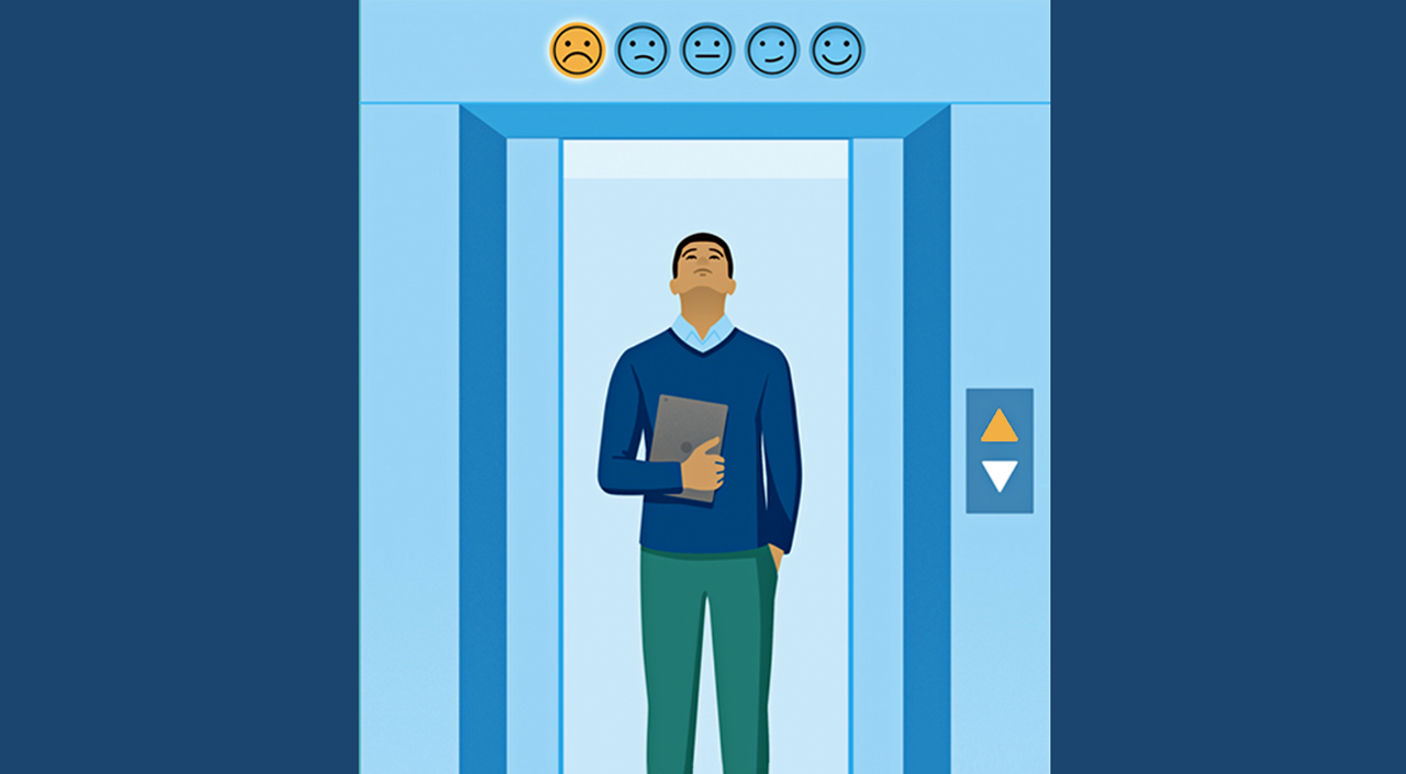 Image description: An image of an office worker standing inside an open elevator. The five floors of the building are indicated by a series of five emojis above the elevator doors. The emojis represent a satisfaction spectrum, with expressions ranging from a frown emoji on the far left to a smiling emoji on the far right. The worker is currently on the ground level of the building, represented by the frown emoji, but the elevator’s “up” call button is lit, and the worker looks upward, anticipating an ascent to higher levels of satisfaction. End of image description.  