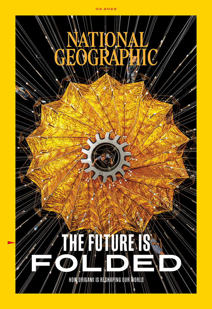 A picture of Nat Geo Magazine's latest cover with a golden unfurling circle on it