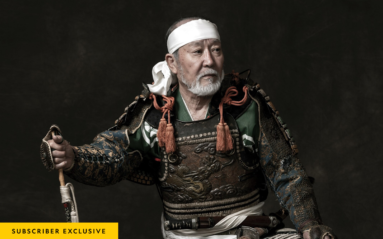 Here, Mitsuo Abe—in everyday life, a dealer in antique armor—dresses as a type of samurai called go-taisho, a battalion general.