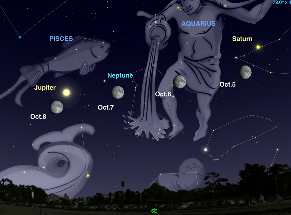 Illustrations of the Pisces and Aquarius constellations appear in the sky along with the moon and three planets.