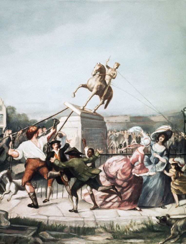 A painting depicts colonists pulling down his statue in New York during the Revolutionary War