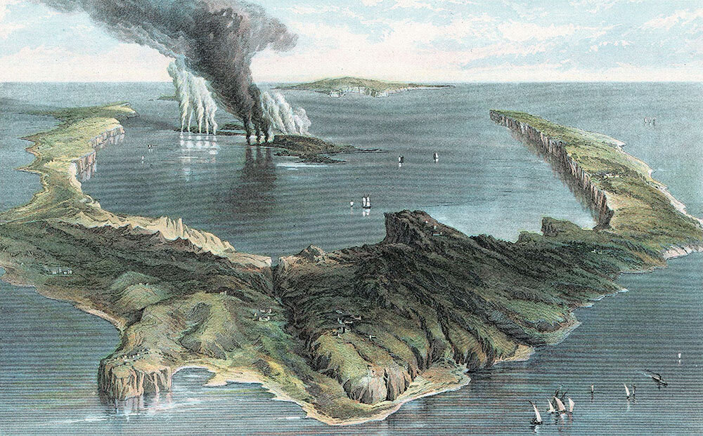 The volcanic island of Thera (modern Santorini) in the Aegean Sea depicted during a 19th-century eruption