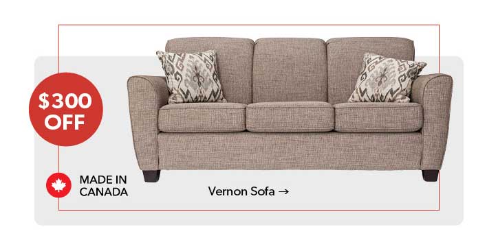 300 dollars OFF. Featured Vernon Sofa. Click to Shop Now.