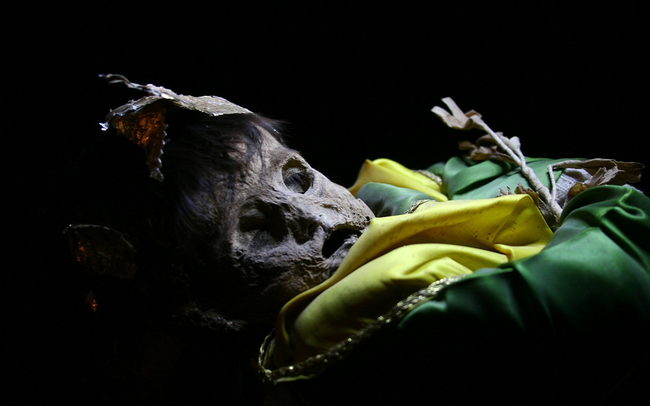 A mummified baby boy at the Museo de las Momias in Guanajuato, Mexico, is dressed as a saint, a common practice for infant burials in Central and South America.