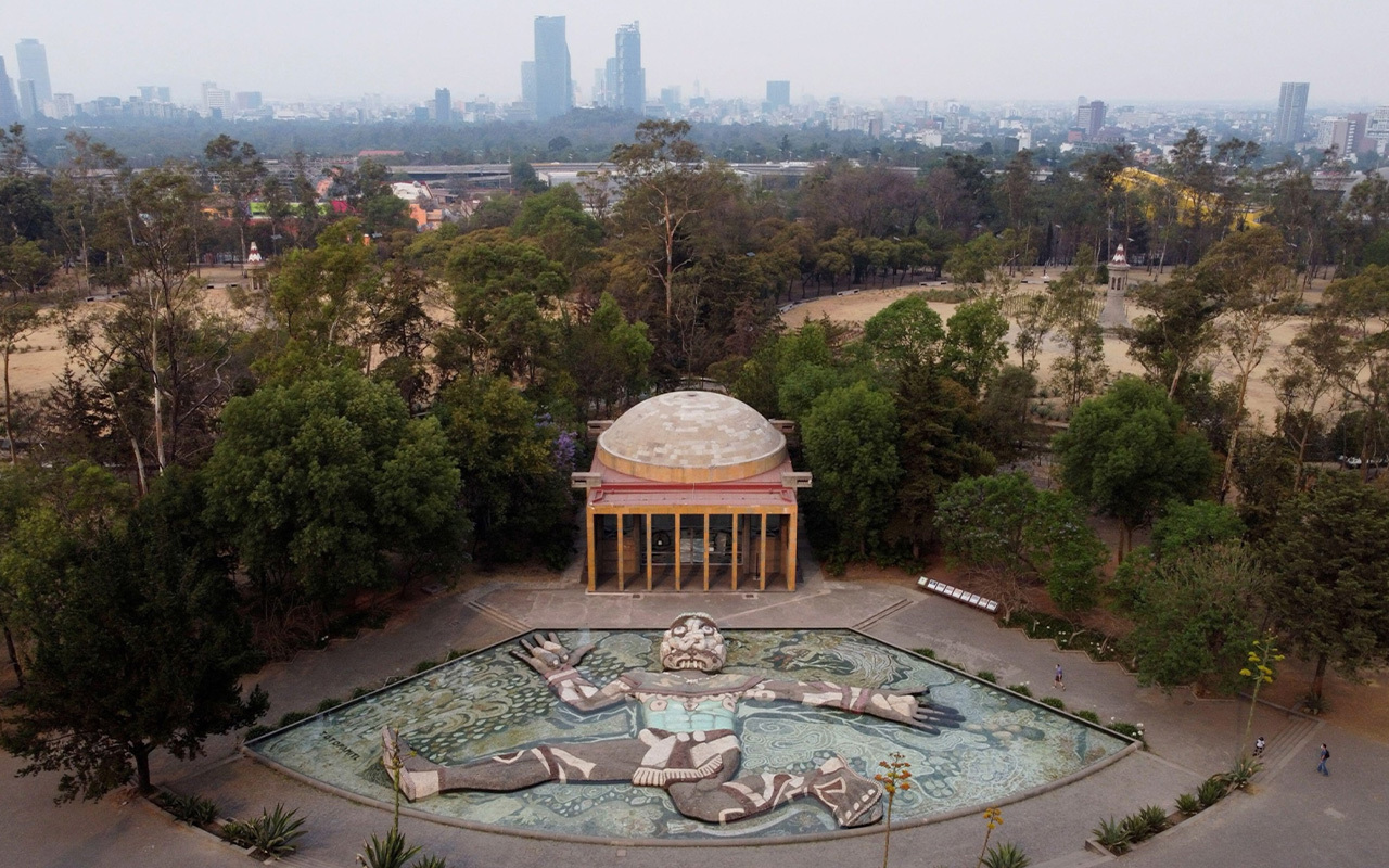 An aerial view of the Fuente de Tlaloc, or Tlaloc Fountain, featuring work by muralist Diego Rivera honoring the god of water in Chapultepec Park, Mexico City, Mexico. Picture taken with a drone.