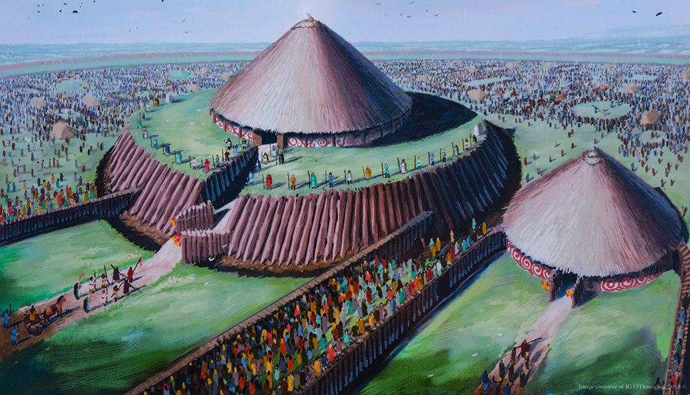 The current archaeological site of Rathcroghan displays an artist’s impression of the temple that once stood there. It was the main meeting place of the Connaught kingdom 2,000 years ago.