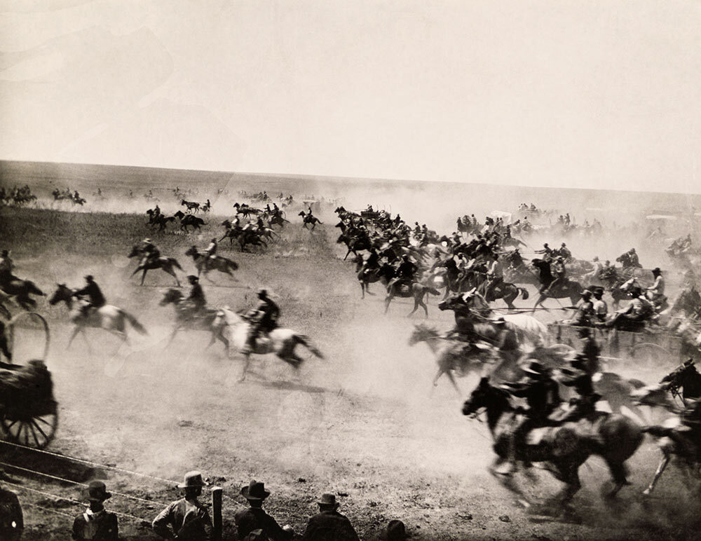 Settlers race to claim lands in Oklahoma on September 16, 1893. Though the U.S. government had promised this territory as a permanent home for Native American tribes, white settlers made land grabs such as this one that ultimately led to the establishment of the state of Oklahoma.