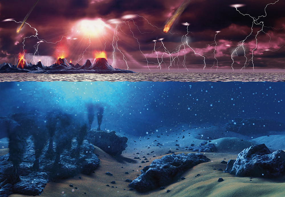 An illustration of Earth approximately 3.7 billion years ago, when microbial life was beginning to form near hydrothermal vents in the primeval oceans