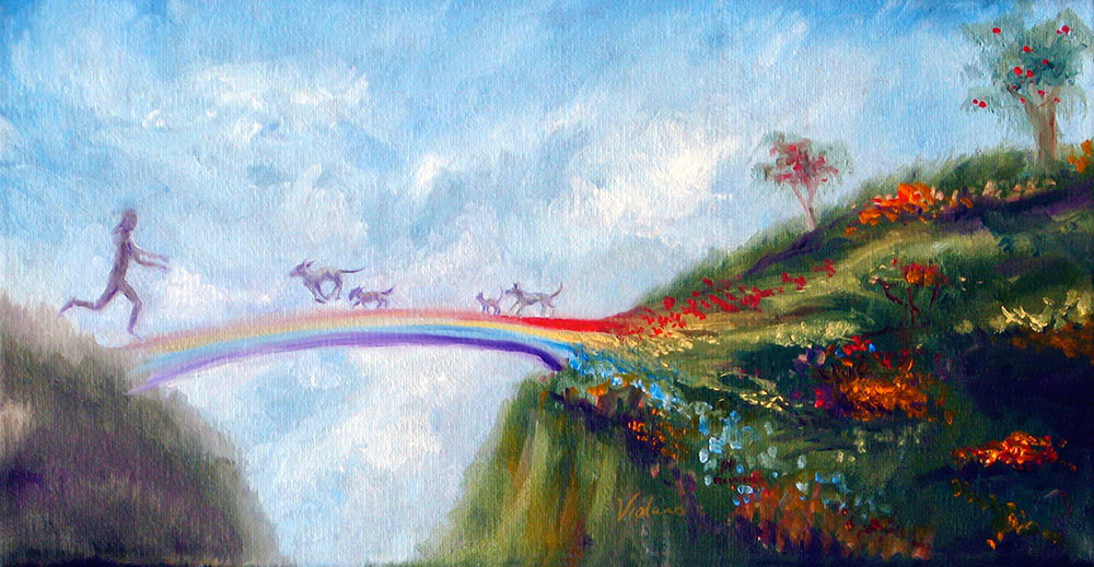 A depiction of the "Rainbow Bridge," inspired by a poem imagining a gentle afterlife for departed pets