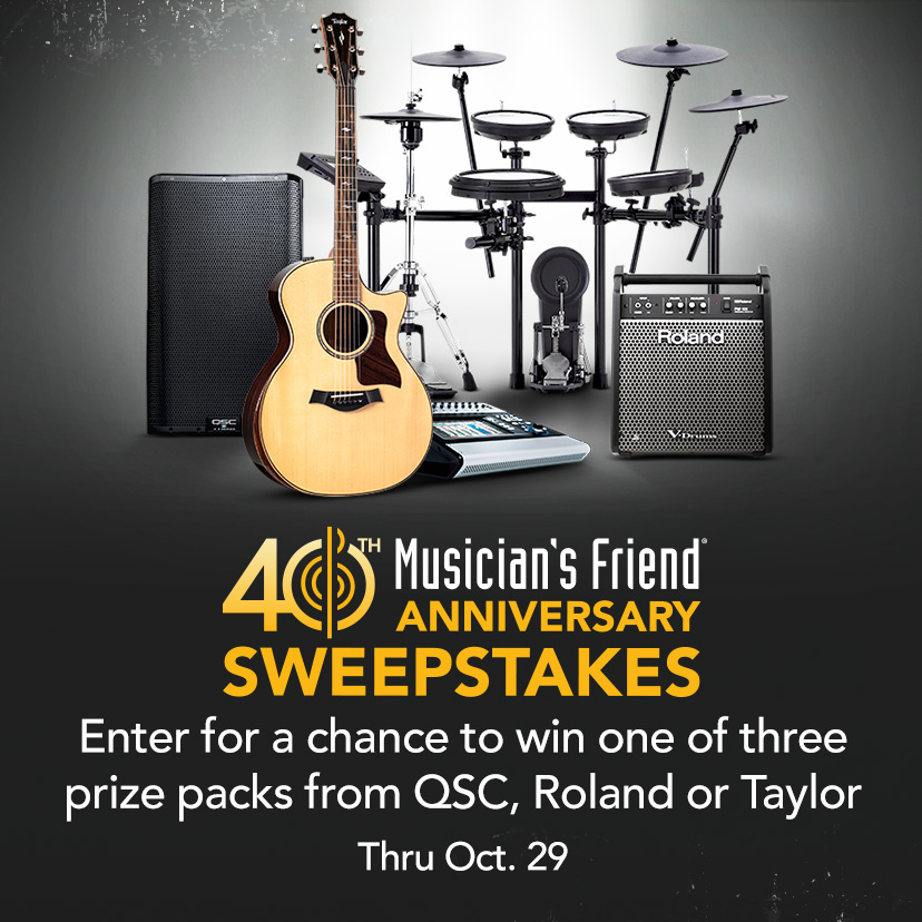 [40th Anniversary]. We're Giving Away $11,500+ in Gear. Enter for a chance to win one of three prize packs from QSC, Roland or Taylor. Thru 10/29. Enter