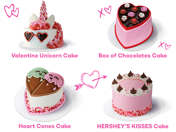  Valentine's Day Cakes "Heart Cones Cake", "Valentine Unicorn Cake", "Box of Chocolates Cake" and "HERSHEY'S KISSES Cake"