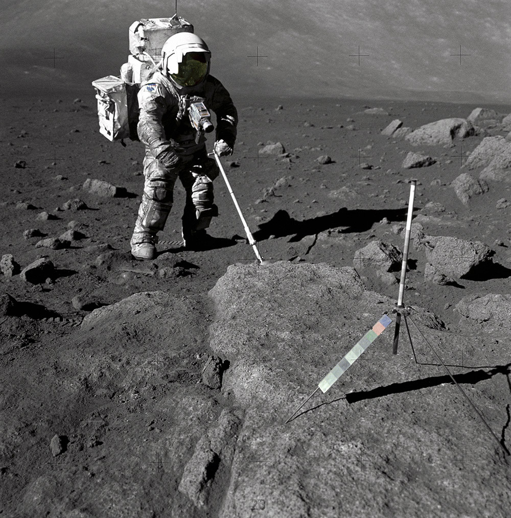 Astronaut and geologist Harrison Schmitt is seen here covered in moon dust during the mission.