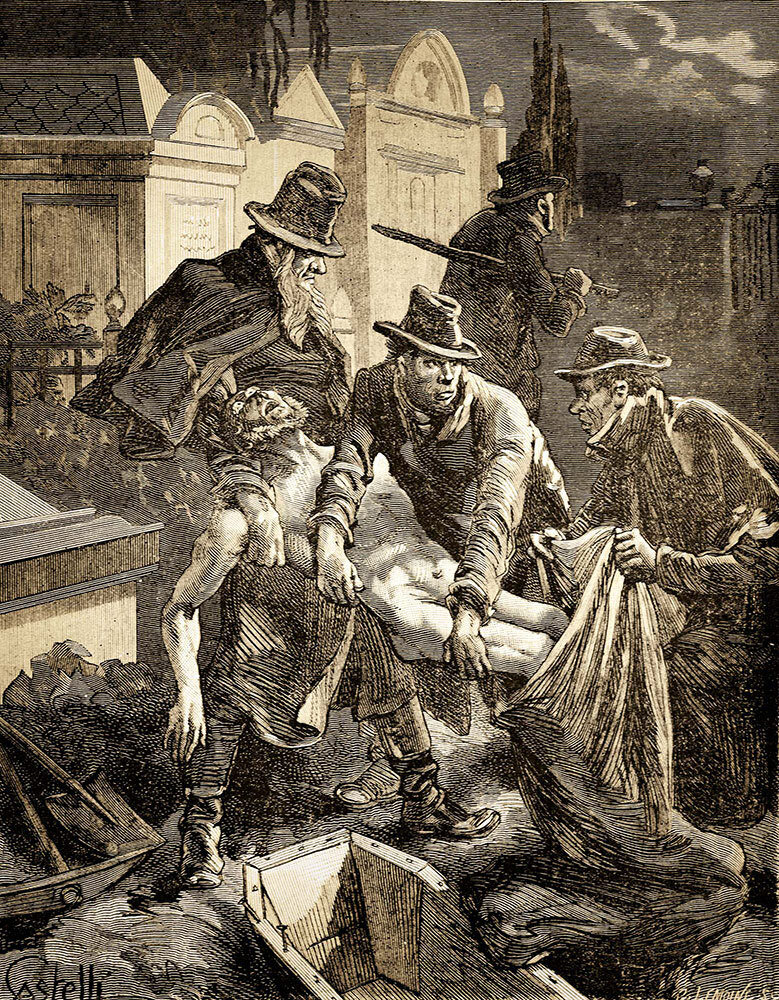 Grave robbers often worked together as a team to steal bodies to sell to medical schools, as shown in this 1888 engraving.