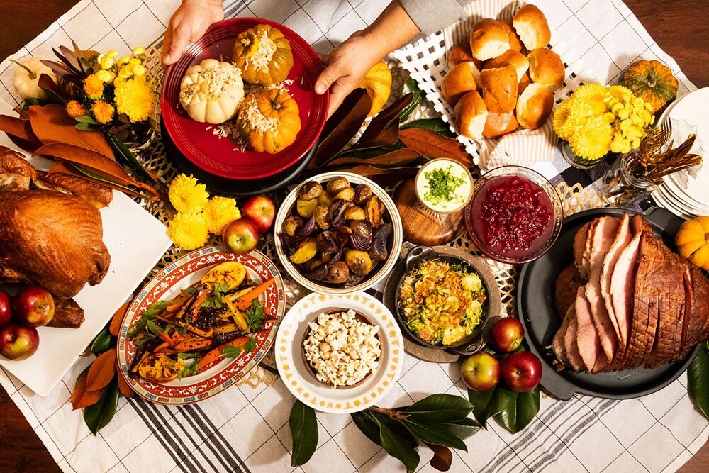 An overhead photo of a Thanksgiving feast