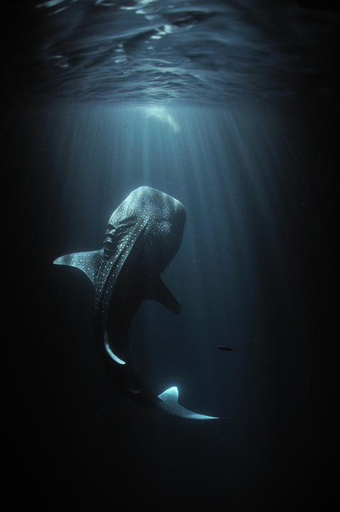 A shark swims upward towards the surface of the water.