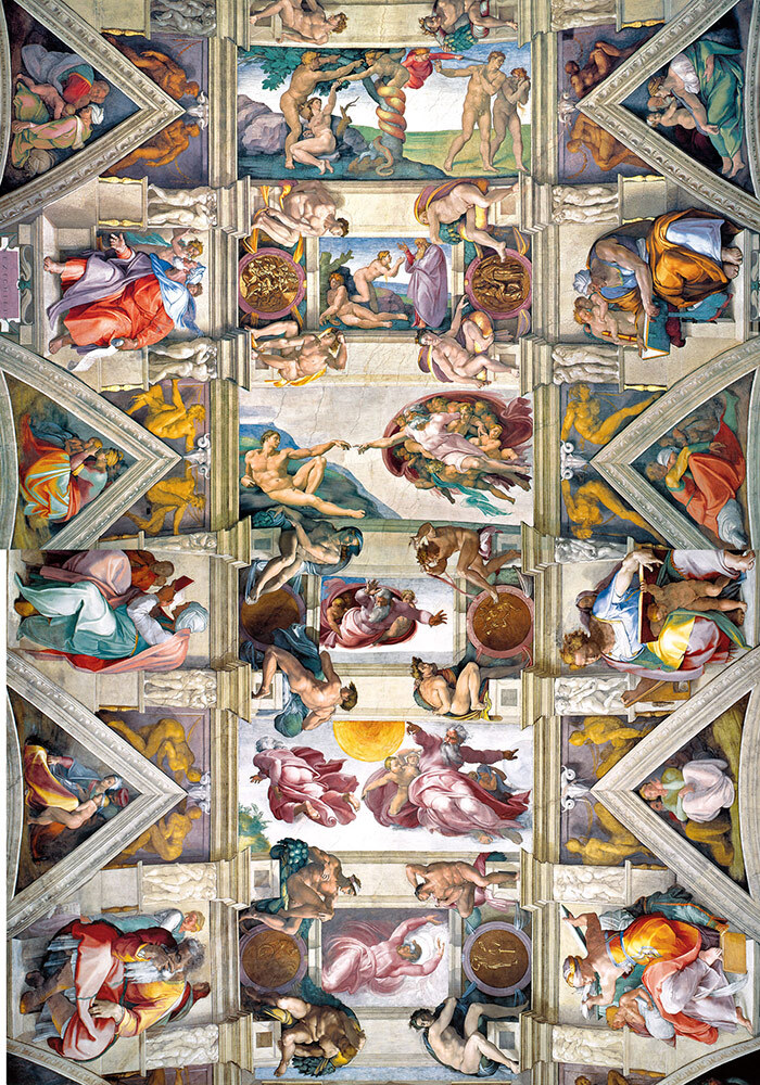 Six of the nine panels of the Sistine Chapel ceiling