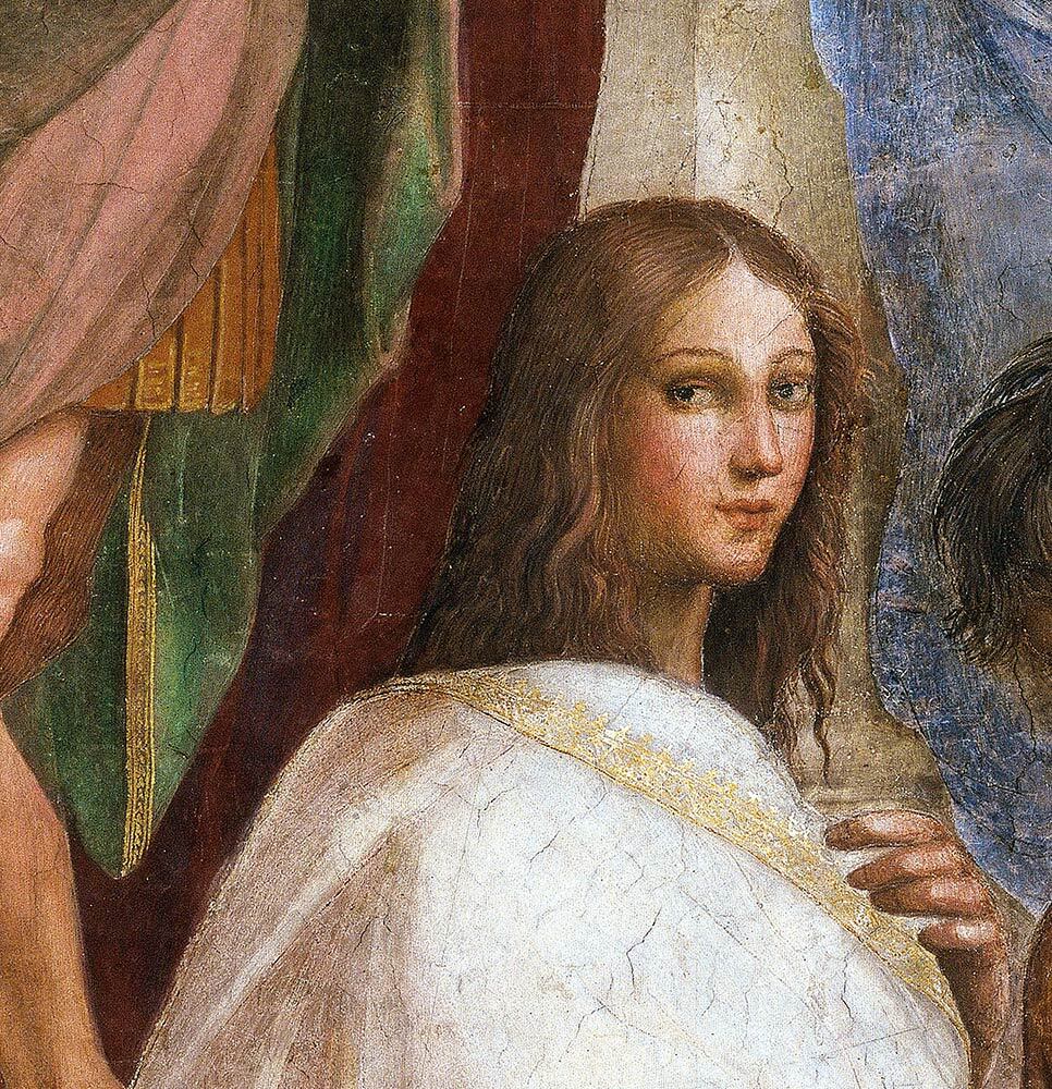 A painting shows a woman in white robes facing forward