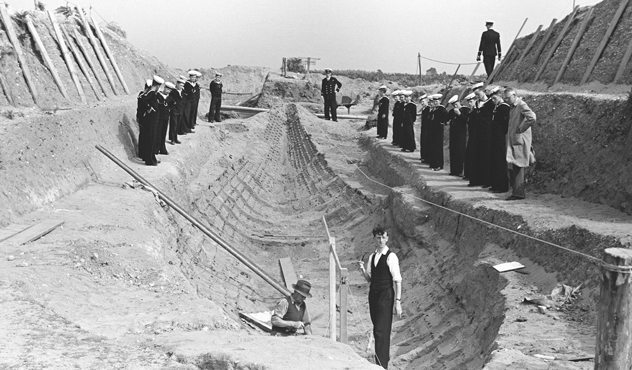 A photo from the original Sutton Hoo excavation shows the remains of the wooden ship that was buried in the earth of southeast England some 1,400 years ago.