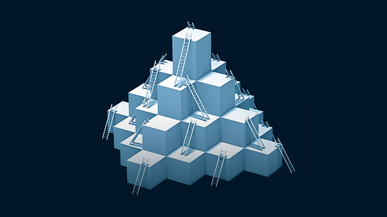 An illustration of cubes stacked up, with ladders leading to the top.