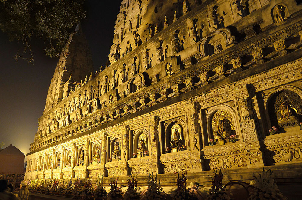 The Mahabodhi Temple at Bodh Gaya, in Bihar, India, marks the traditional place where the Buddha attained enlightenment under the bodhi tree.