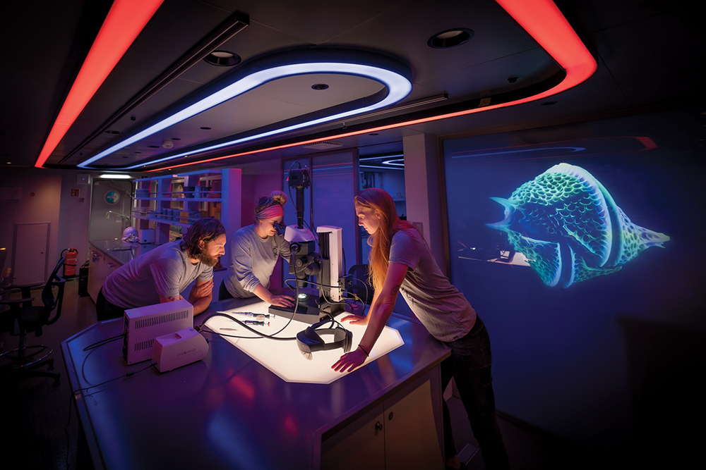 Three scientists stand around a microscope. There is a shell projected on the wall behind them.