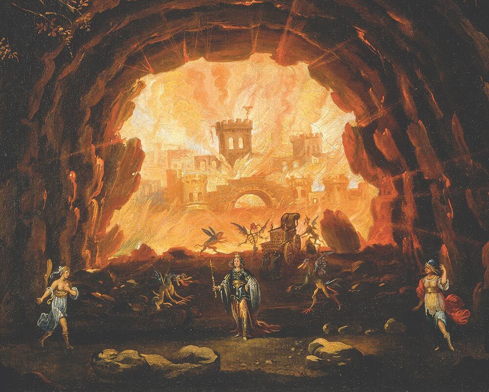 A painted depiction of an opera set design with machinery, a castle, dragon-like creatures, and people