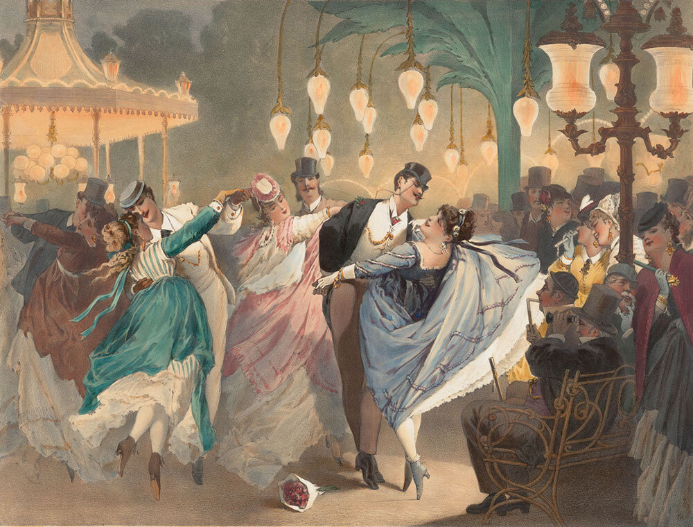 An illustration of people dancing in gowns