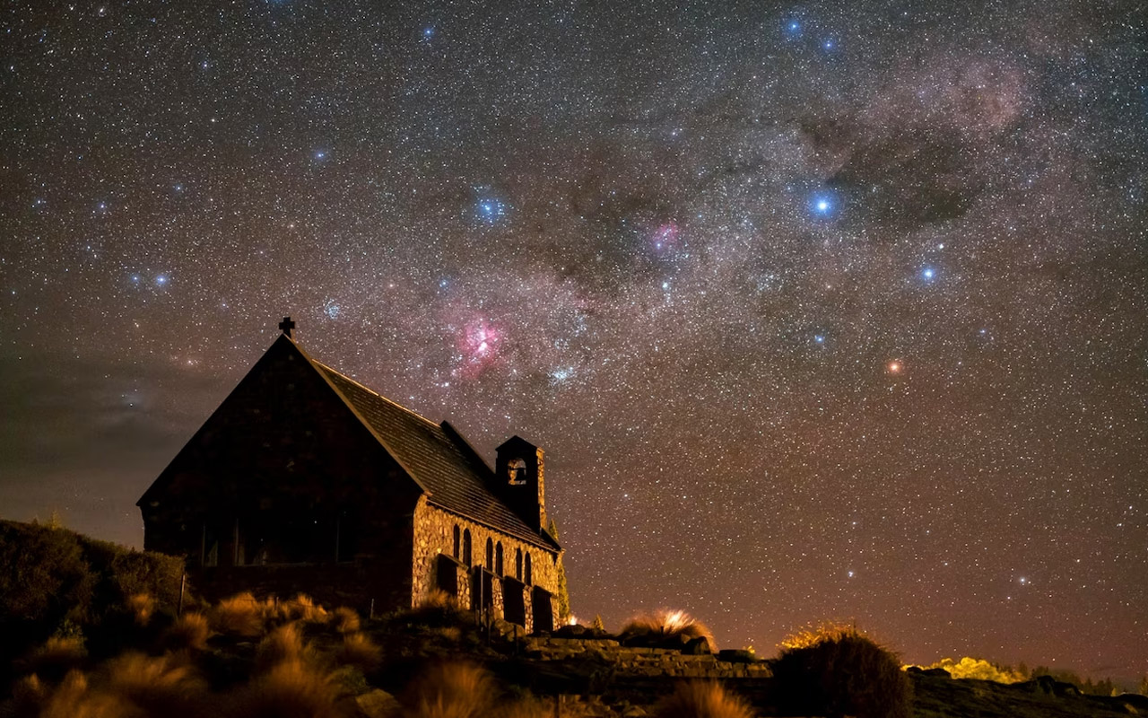 Stars sprawl above the Church of the Good Shepherd in New Zealand’s Aoraki Mackenzie Reserve.