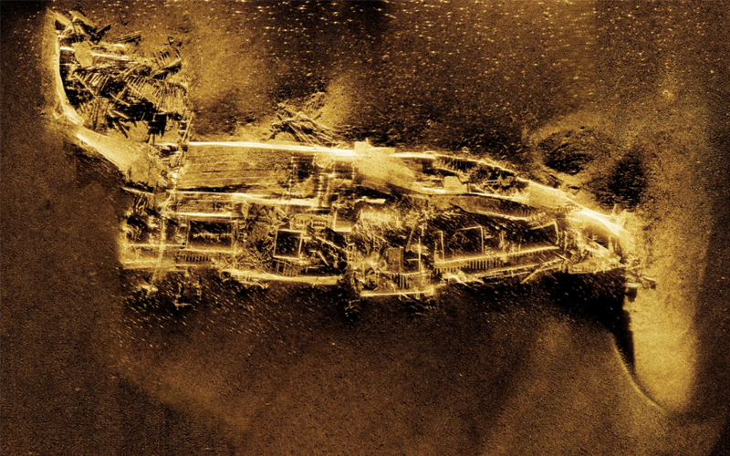 The Japanese freighter Kotohira Maru (shown here in a sonar image) was one of three wrecks from a World War II battle that archaeologists discovered offshore of Attu Island. 