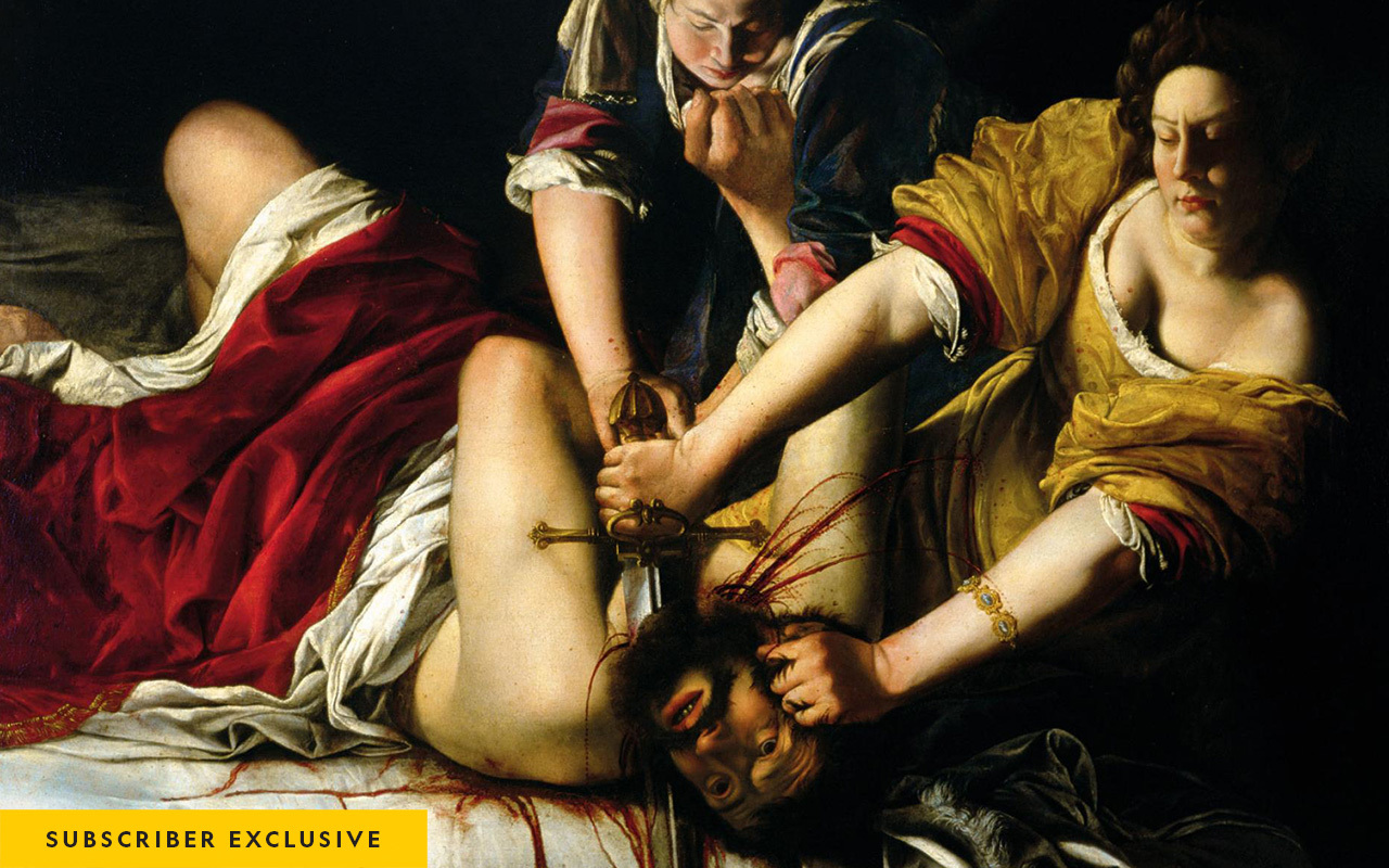 Gentileschi’s 1620 “Judith Beheading Holofernes” portrays an Old Testament story of the Israelite widow Judith who saved her people by assassinating the Assyrian general besieging her city. This work is Gentileschi’s second known representation of the biblical story; an earlier version of Judith’s revenge was begun in 1612, the year after the artist had been raped by an instructor. Although the Judith legend was a popular subject with male artists of the period, the decisiveness and strength of Gentileschi’s Judith, as well as the solidarity of her female accomplice, provides a unique feminine perspective of violence and revenge in the early 17th century.