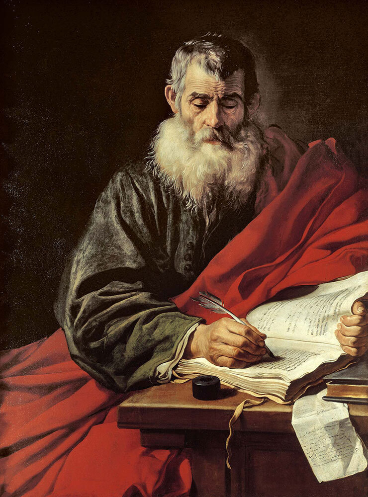 A painting of an older man writing with a quill.