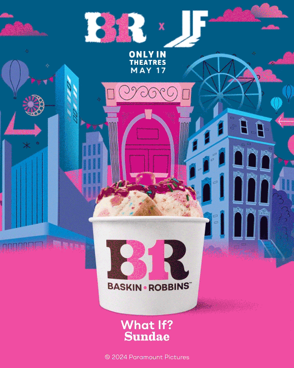 Gif of treats inspired by the IF movie — Blue's Boardwalk Bash ice cream, Blossom's Berry Twirl ice cream, What IF? Sundae, Blue and Blossom's Creature Creations®