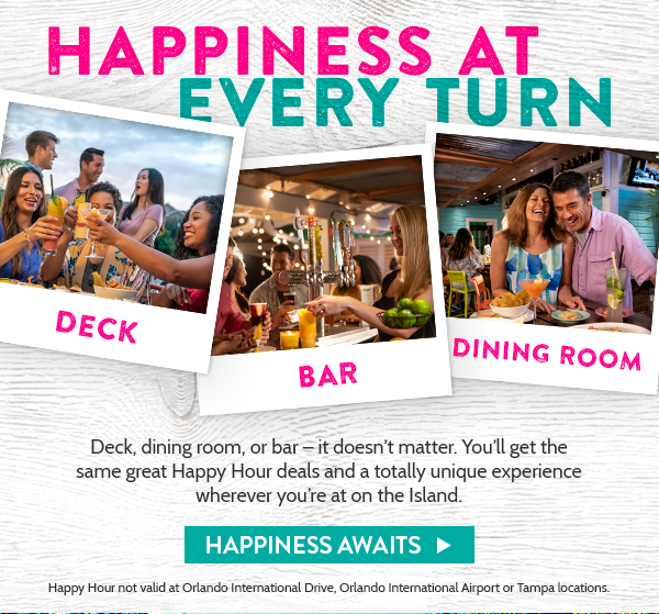 Come to Bahama Breeze for Happy Hour and enjoy half-price appetizers and drink specials, starting at 4pm!