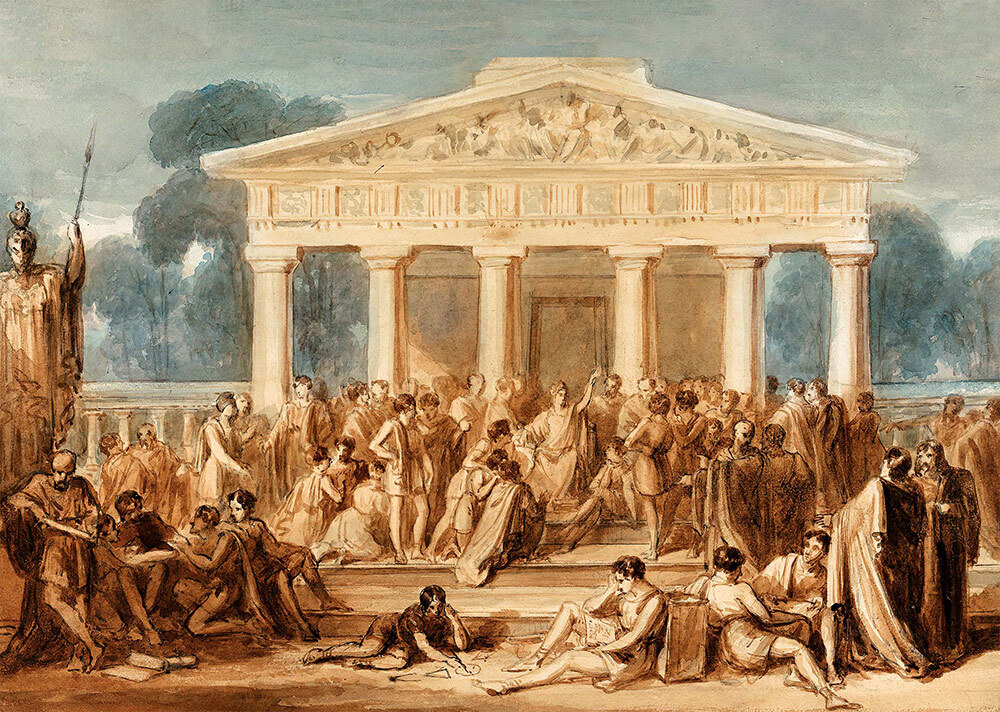 Hypatia teaches in Alexandria, depicted in a 19th-century watercolor by Robert Trewick Bone.