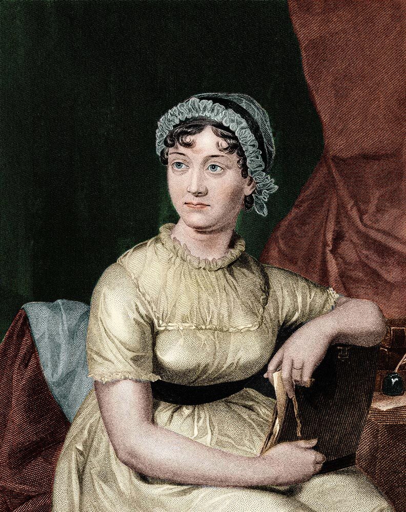 This engraving is an idealized version of the only surviving portrait of Jane Austen.