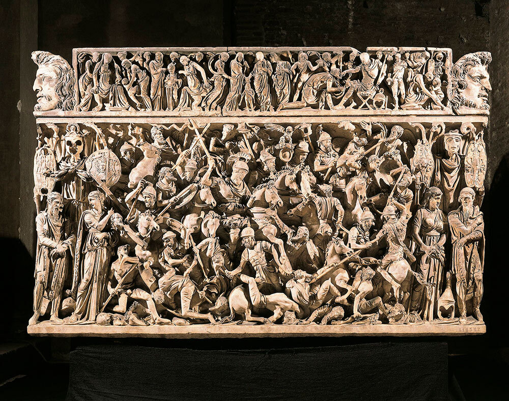 The violent nature of Germanic tribes was a popular theme in ancient Roman art and literature. This Roman sarcophagus depicts a battle between Imperial troops and 'barbarian' warriors in the late second century A.D.