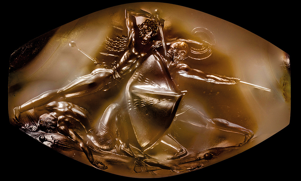 Found among the Griffin Warrior's many grave goods, the Combat Agate depicts a scene among three warriors.