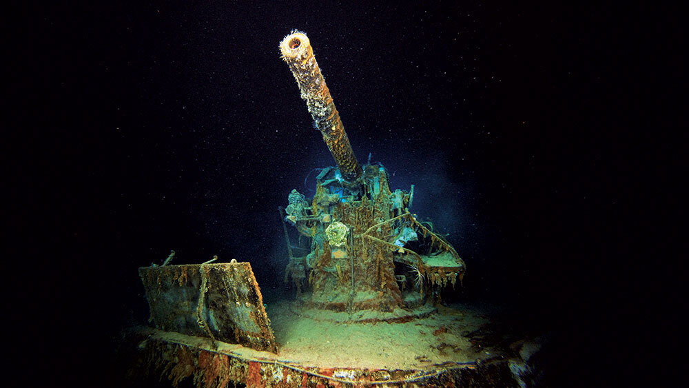 A cannon on a sunken warship