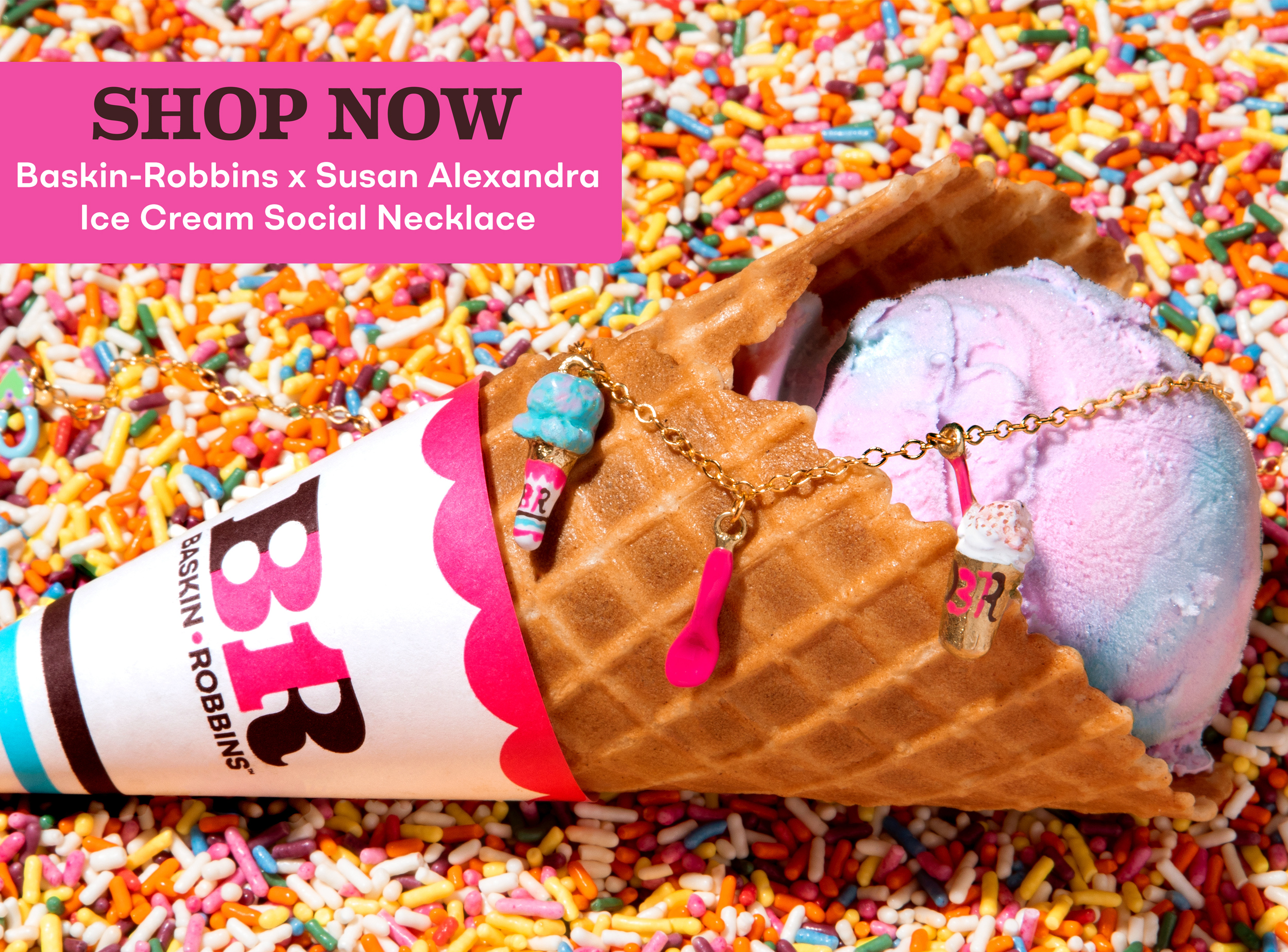 "Shop Now Baskin-Robbins x Susan Alexandra Ice Cream Social Necklace " with cone, charm bracelet, ice cream cone charm, pink spoon charm, milkshake charm