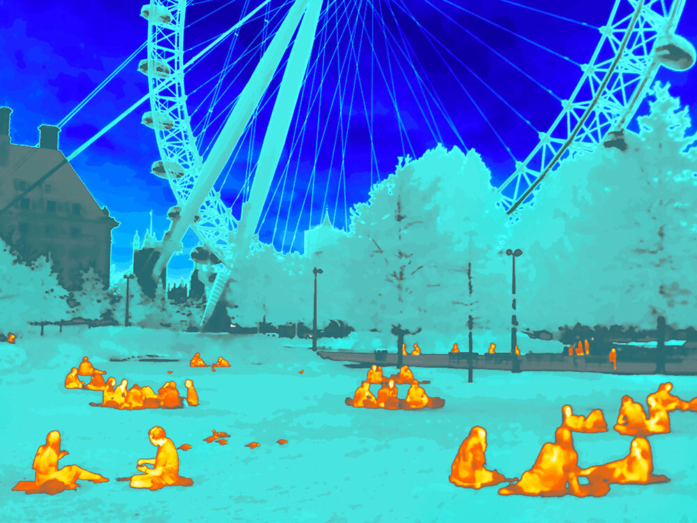 An infrared view shows the body heat of people compared to the surrounding area at Jubilee Gardens in London.