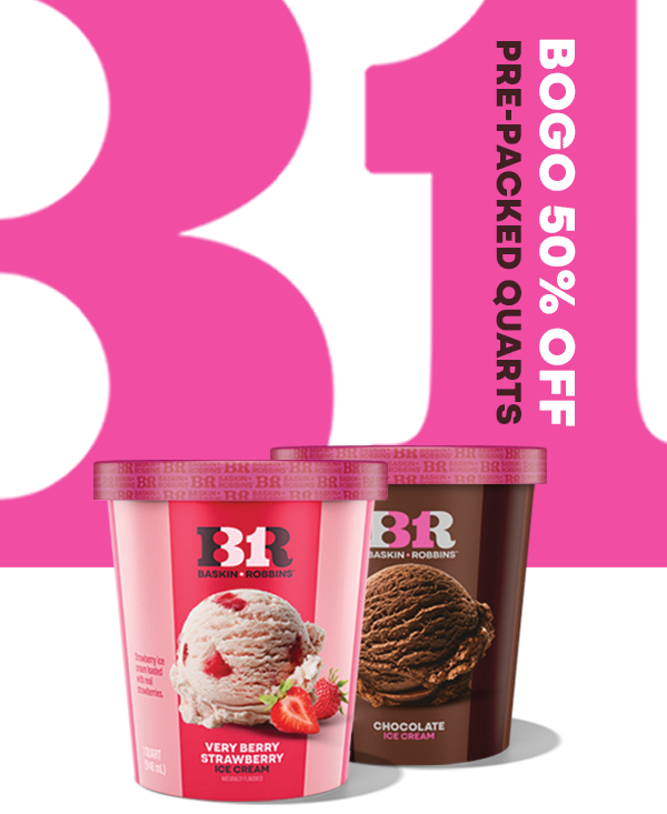 Two Pre-Packed Quarts with Celebrate 31 logo and snowman made of ice cream "BOGO 50% Off Pre-Packed Quarts"